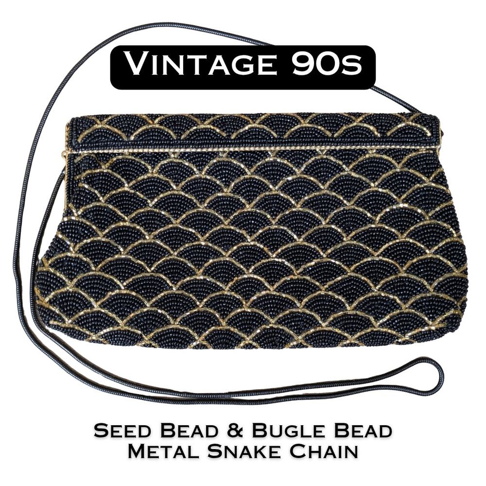 Beaded Evening Bag VTG 90s Black Gold Scallop Art Deco Clutch Crossbody Chain